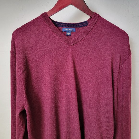 Club Room Solid Maroon V-Neck 100% Merino Wool Sweater - Picture 3 of 9